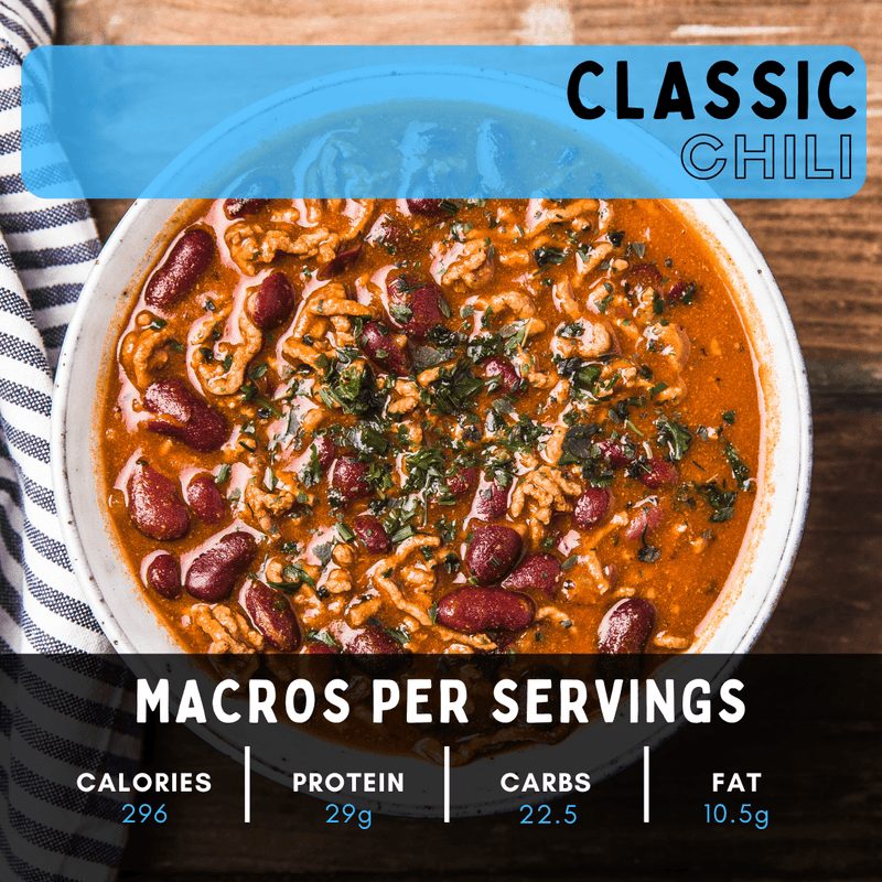 Bowl of classic chili with macro breakdown for calories, protein, carbs, and fat